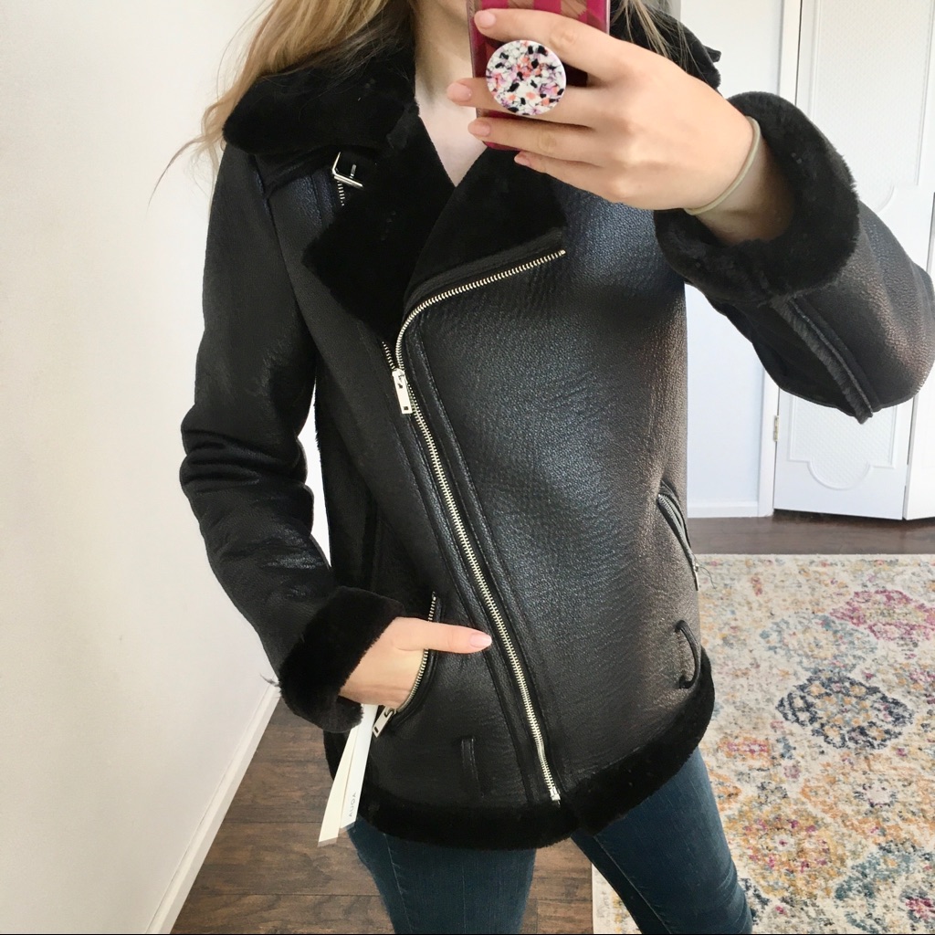 Aqua | Nwt Fuzzy Black Bomber Moto Jacket